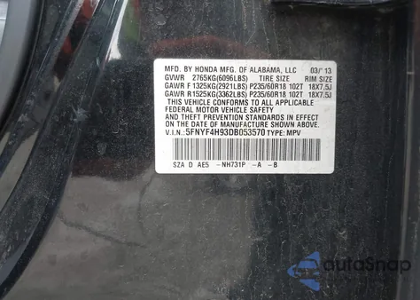 2013 Honda Pilot Touring from USA, damaged, VIN 5FNYF4H93DB053570